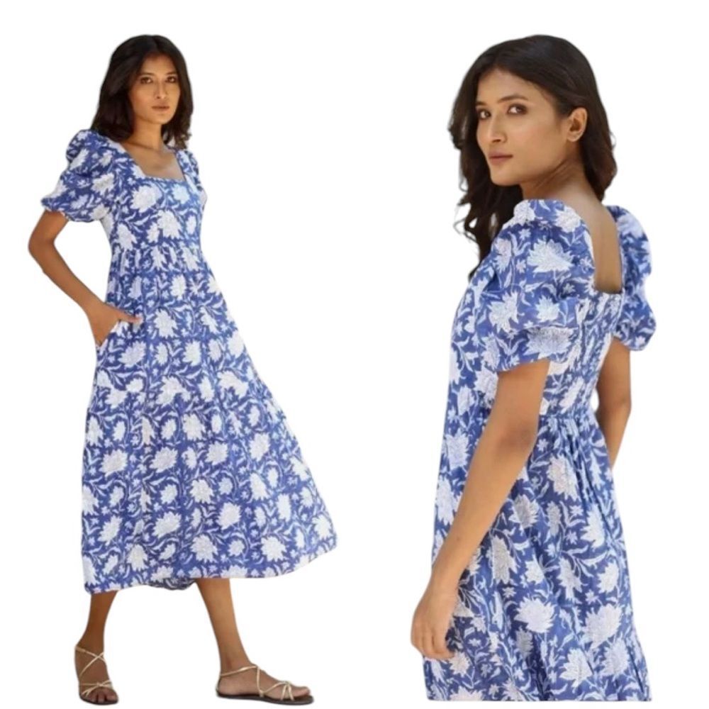 Monsoon and Beyond Blue and White Floral Puff Sleeve Midi Dress